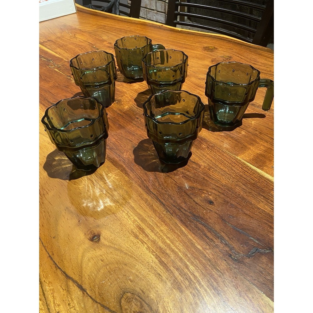 Vintage John Lewis Cactus Glass Tumblers Barware Dark Green Stackable Glasses 6